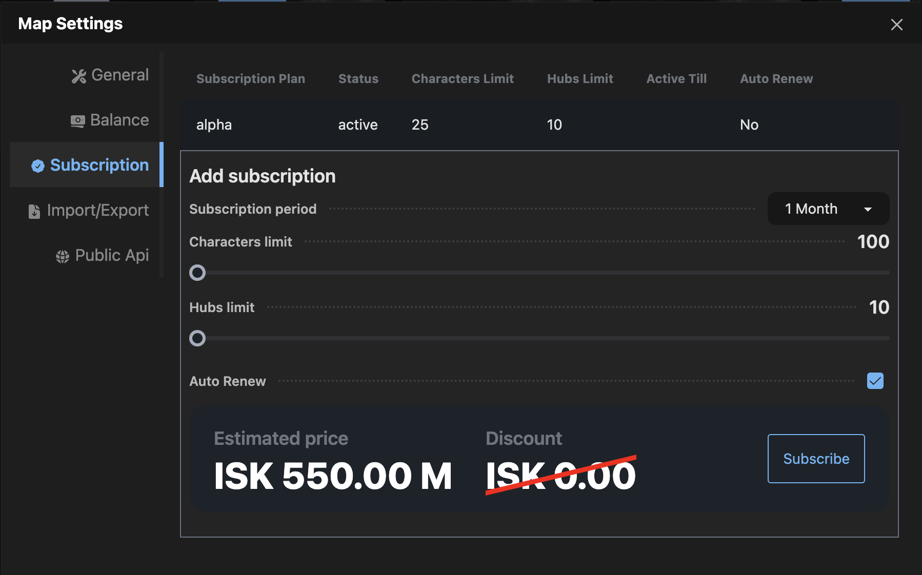 Map Subscription Settings
